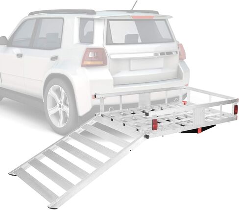 حاملة شحن Goplus Hitch ، 50 "x29.5" من الألومنيوم على كرسي متحرك حامل التنقل مع المنحدر ، حاملة شحن شاحنات مقطورة لشاحنة سيارات الدفع الرباعي ، سعة 500 رطل ، فئة FIT III أو IV 2 "المتلقي in Kuwait