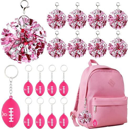 Nosiny Breast Cancer Awareness Keychain Pink Ribbon Rugby Keychains and Pom Pom Keychainss Team Supplies Favors in Saudi Arabia