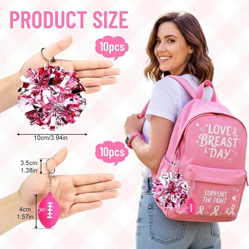 Nosiny Breast Cancer Awareness Keychain Pink Ribbon Rugby Keychains and Pom Pom Keychainss Team Supplies Favors in Saudi Arabia