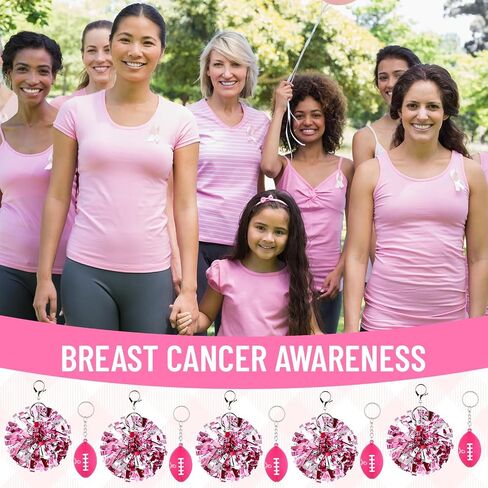 Nosiny Breast Cancer Awareness Keychain Pink Ribbon Rugby Keychains and Pom Pom Keychainss Team Supplies Favors in Saudi Arabia