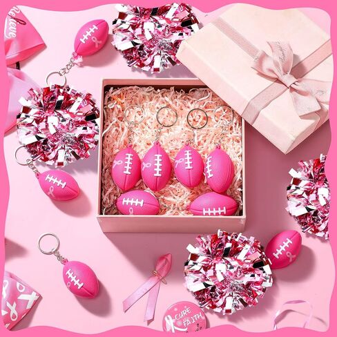 Nosiny Breast Cancer Awareness Keychain Pink Ribbon Rugby Keychains and Pom Pom Keychainss Team Supplies Favors in Saudi Arabia