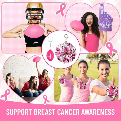 Nosiny Breast Cancer Awareness Keychain Pink Ribbon Rugby Keychains and Pom Pom Keychainss Team Supplies Favors in Saudi Arabia