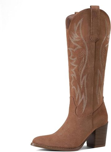 AOSPHIRAYLIAN Cowboy Boots for Women Pointed Toe Knee High Cowboy Boots Women Wide Calf Cowgirl Western Embroidery Pull On Chunky Block High Heels Boot in Saudi Arabia