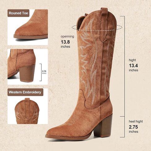 AOSPHIRAYLIAN Cowboy Boots for Women Pointed Toe Knee High Cowboy Boots Women Wide Calf Cowgirl Western Embroidery Pull On Chunky Block High Heels Boot in Saudi Arabia