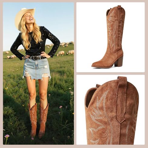 AOSPHIRAYLIAN Cowboy Boots for Women Pointed Toe Knee High Cowboy Boots Women Wide Calf Cowgirl Western Embroidery Pull On Chunky Block High Heels Boot in Saudi Arabia