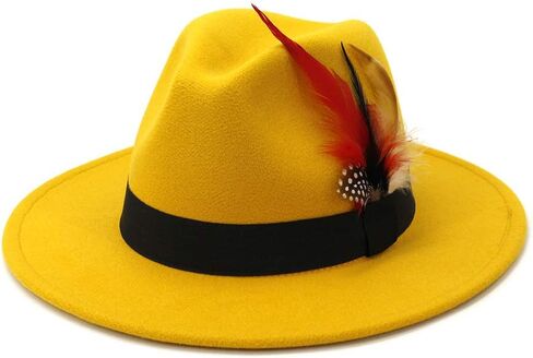 Fashion Feather Decor Wool Fedora Hats for Women & Men, Wide Brim Gangster Gentleman Felt Jazz Hat in Saudi Arabia