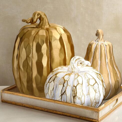 3 Pack Fall Pumpkin Decor White and Gold Resin Pumpkin Figurine Thanksgiving Table Artificial Decorations for Autumn Harvest Home Indoor Farmhouse Kitchen in Saudi Arabia