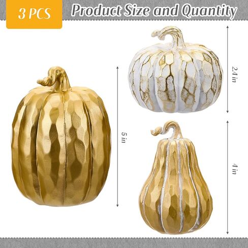3 Pack Fall Pumpkin Decor White and Gold Resin Pumpkin Figurine Thanksgiving Table Artificial Decorations for Autumn Harvest Home Indoor Farmhouse Kitchen in Saudi Arabia