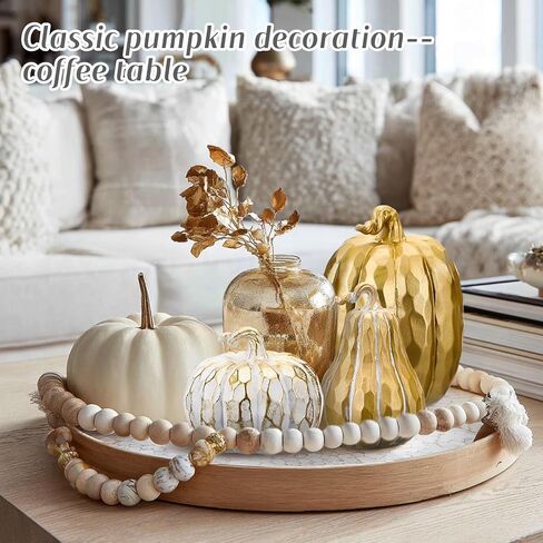 3 Pack Fall Pumpkin Decor White and Gold Resin Pumpkin Figurine Thanksgiving Table Artificial Decorations for Autumn Harvest Home Indoor Farmhouse Kitchen in Saudi Arabia