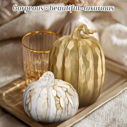 3 Pack Fall Pumpkin Decor White and Gold Resin Pumpkin Figurine Thanksgiving Table Artificial Decorations for Autumn Harvest Home Indoor Farmhouse Kitchen in Saudi Arabia