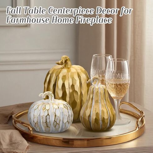3 Pack Fall Pumpkin Decor White and Gold Resin Pumpkin Figurine Thanksgiving Table Artificial Decorations for Autumn Harvest Home Indoor Farmhouse Kitchen in Saudi Arabia