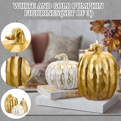 3 Pack Fall Pumpkin Decor White and Gold Resin Pumpkin Figurine Thanksgiving Table Artificial Decorations for Autumn Harvest Home Indoor Farmhouse Kitchen in Saudi Arabia