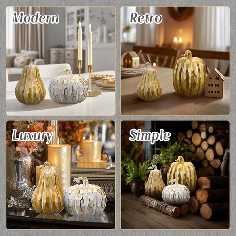 3 Pack Fall Pumpkin Decor White and Gold Resin Pumpkin Figurine Thanksgiving Table Artificial Decorations for Autumn Harvest Home Indoor Farmhouse Kitchen in Saudi Arabia