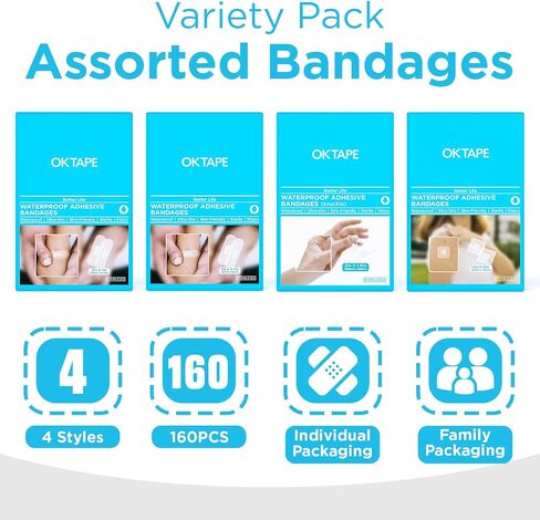 OK TAPE Waterproof Clear Adhesive Bandages, Bulk 160 ct Sheer Assorted Sizes with Individually Wraps for First-Aid Wound Care, Variety Bandage Pack for Minor Cuts & Scrapes - Stays Put in The Shower in Saudi Arabia