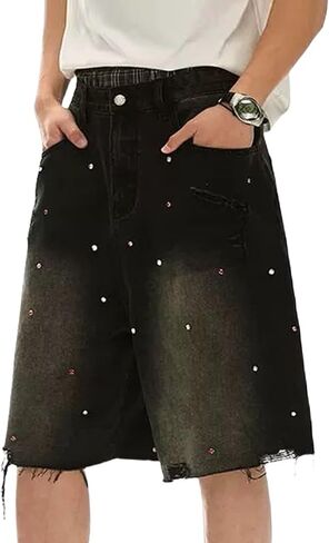 Fcoolyeet Men Jean شورت Y2K Rhinestone Denim Bermuda Shorts Long Baggy Jorts Streetwear Women in Kuwait