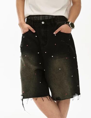 Fcoolyeet Men Jean شورت Y2K Rhinestone Denim Bermuda Shorts Long Baggy Jorts Streetwear Women in Kuwait