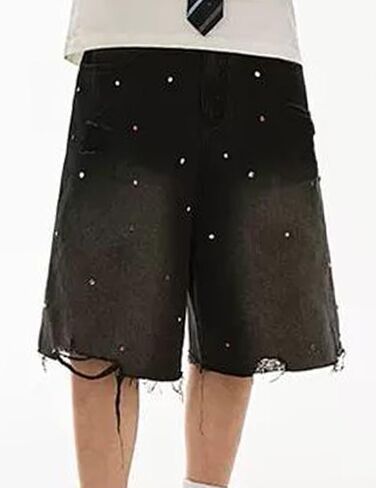 Fcoolyeet Men Jean شورت Y2K Rhinestone Denim Bermuda Shorts Long Baggy Jorts Streetwear Women in Kuwait