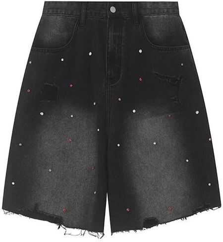 Fcoolyeet Men Jean شورت Y2K Rhinestone Denim Bermuda Shorts Long Baggy Jorts Streetwear Women in Kuwait