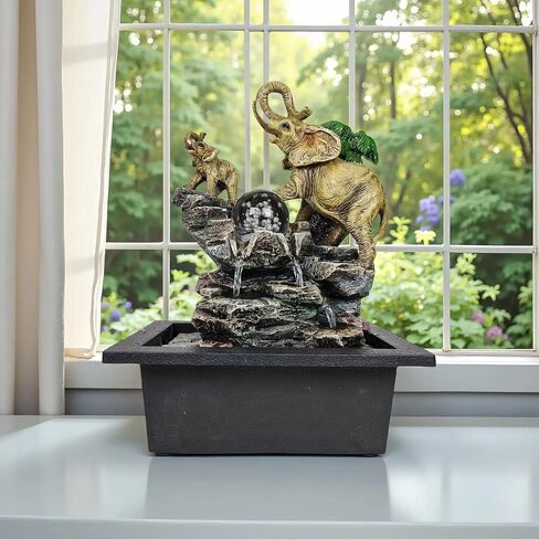 Decorative Elephant Cascade Tabletop Fountain with LED Globe, 3-Tier Design, A Quiet and Soothing Indoor Desktop Fountain in Saudi Arabia