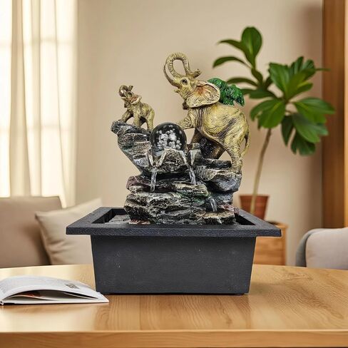 Decorative Elephant Cascade Tabletop Fountain with LED Globe, 3-Tier Design, A Quiet and Soothing Indoor Desktop Fountain in Saudi Arabia