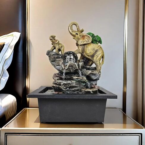 Decorative Elephant Cascade Tabletop Fountain with LED Globe, 3-Tier Design, A Quiet and Soothing Indoor Desktop Fountain in Saudi Arabia