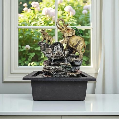 Decorative Elephant Cascade Tabletop Fountain with LED Globe, 3-Tier Design, A Quiet and Soothing Indoor Desktop Fountain in Saudi Arabia