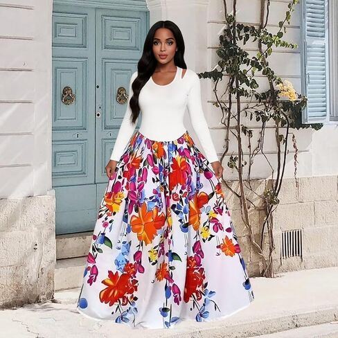 Floral Maxi Dresses for Women Fall Winter Long Sleeve Casual Cutout A Line Long Dress in Kuwait