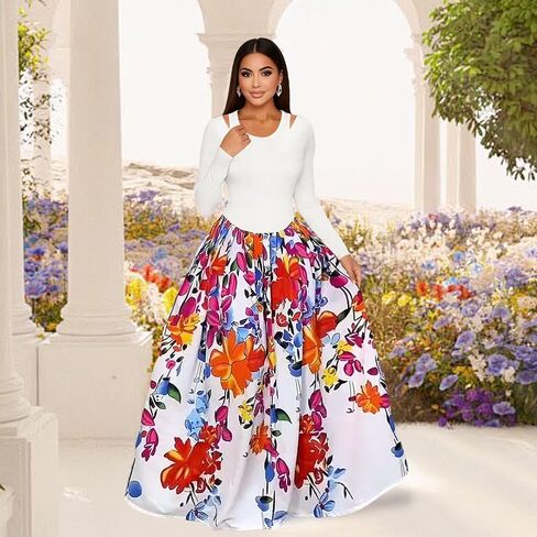 Floral Maxi Dresses for Women Fall Winter Long Sleeve Casual Cutout A Line Long Dress in Kuwait