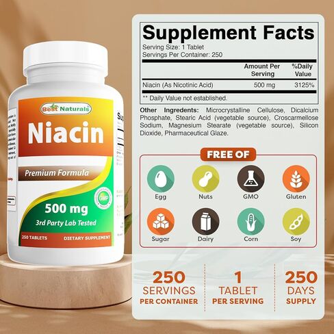 Best Naturals Niacin 500mg 250 Tablets with Flushing - Also Called Vitamin B3 (250 Count (Pack of 2)) in Saudi Arabia