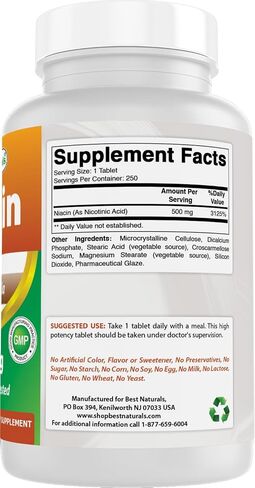 Best Naturals Niacin 500mg 250 Tablets with Flushing - Also Called Vitamin B3 (250 Count (Pack of 2)) in Saudi Arabia