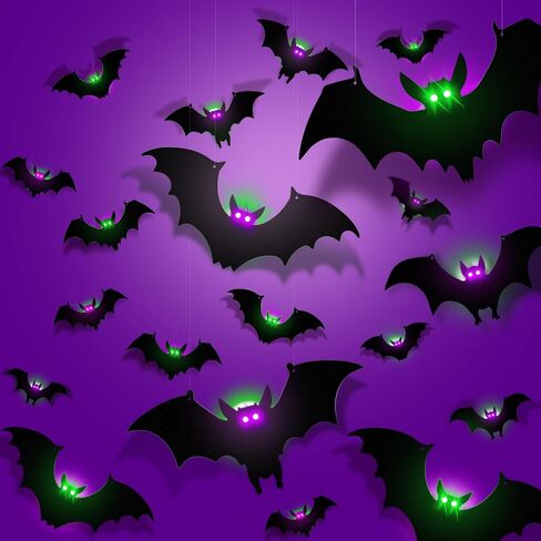 24 حزمة الضوء لأعلى الخفافيش ديكورات الهالوين ملصقات نافذة الجدار شارات الأرجواني الأخضر LED توهج في ديكور الخفافيش المعلقة الداكنة للأشجار في الهواء الطلق في الهواء in Saudi Arabia