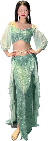 Women Belly Dance Long Dress Belly Dance Costume for Women Short Sleeves Top+Split Long Skirt 2pcs Dancing Practice Clothes in Saudi Arabia