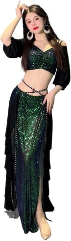 Women Belly Dance Long Dress Belly Dance Costume for Women Short Sleeves Top+Split Long Skirt 2pcs Dancing Practice Clothes in Saudi Arabia