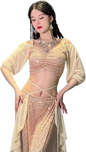 Women Belly Dance Long Dress Belly Dance Costume for Women Short Sleeves Top+Split Long Skirt 2pcs Dancing Practice Clothes in Saudi Arabia