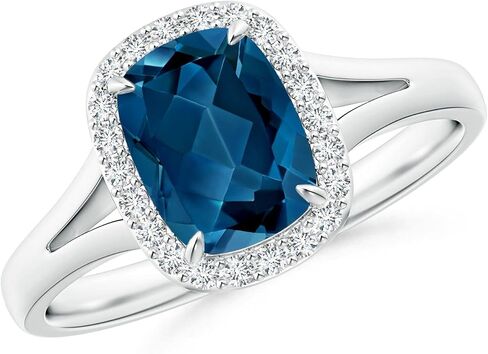 Angara Natural Claw-Set Cushion London Blue Topaz Halo split split shank in 14k solid gold/platinum | نوفمبر المولد ، عيد ميلاد ، المشاركة ، الذكرى السنوية ، هدية مجوهرات الزفاف للنساء in Saudi Arabia