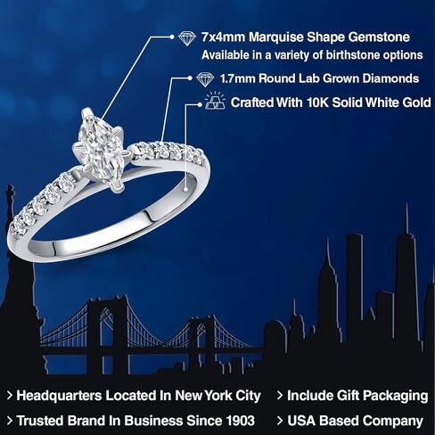 GEM Stone King 10K White Gold Lab نمت خاتم الخطوبة للماس للنساء | 0.53 CTTW | Marquise Cut Diamond Gold Ring | دفاع اللون | VVS-VS Clarity | متوفر بحجم 5،6،7،8،9 in Saudi Arabia