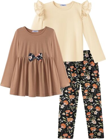 Arshiner Girls Clothes 3 قطع قميص كشكش طويل الأكمام القوس أعلى وزملاؤ الأزهار لمدة 2-10 سنوات in Saudi Arabia