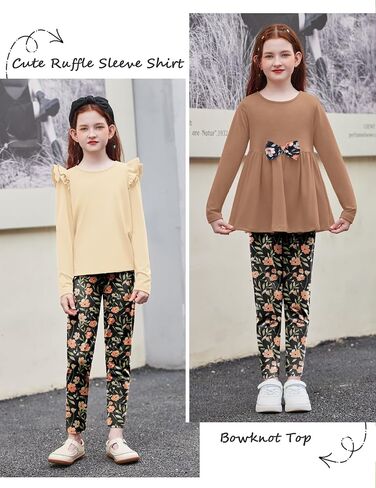 Arshiner Girls Clothes 3 قطع قميص كشكش طويل الأكمام القوس أعلى وزملاؤ الأزهار لمدة 2-10 سنوات in Saudi Arabia