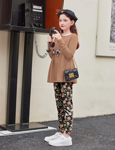 Arshiner Girls Clothes 3 قطع قميص كشكش طويل الأكمام القوس أعلى وزملاؤ الأزهار لمدة 2-10 سنوات in Saudi Arabia