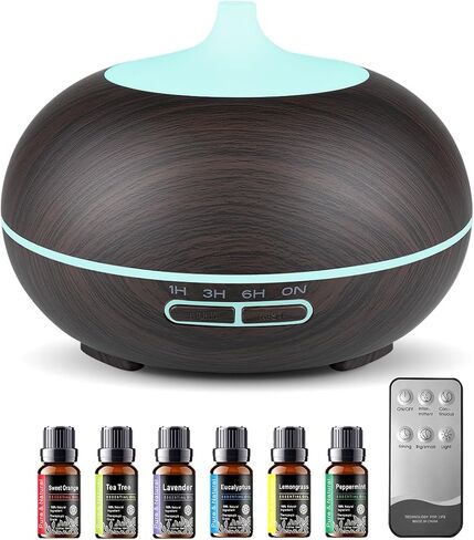 550ml Large Capacity Essential Oil Diffuser with 6 Essential Oil Set, Aromatherapy Ultrasonic Air Humidifier with Timer Setting, 7 Color LED Night Light and Waterless Auto-Off Functions for Home, Spa in Saudi Arabia