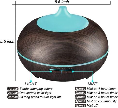 550ml Large Capacity Essential Oil Diffuser with 6 Essential Oil Set, Aromatherapy Ultrasonic Air Humidifier with Timer Setting, 7 Color LED Night Light and Waterless Auto-Off Functions for Home, Spa in Saudi Arabia