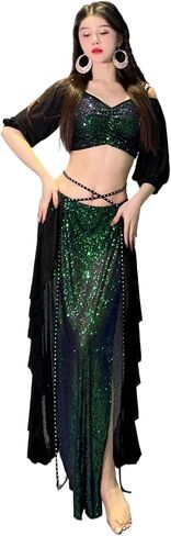 Women Belly Dance Long Dress Belly Dance Costume for Women Short Sleeves Top+Split Long Skirt 2pcs Dancing Practice Clothes in Saudi Arabia
