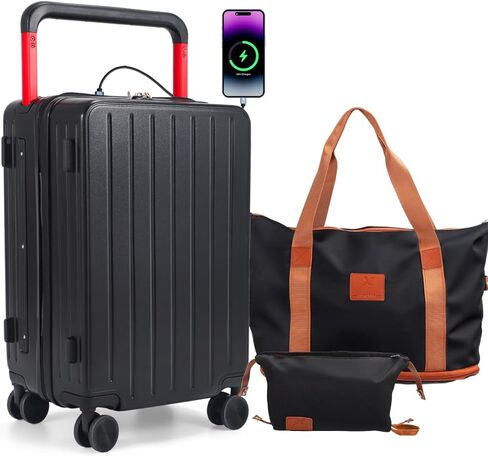 احمل على حقائب 20 بوصة على نطاق واسع حقيبة خفيفة الوزن مع قفل TSA ، عجلات دوار مزدوجة ، منفذ USB ، حامل الكأس ، الخطاف الجانبي (أسود ، مجموعات 3 قطع) in Kuwait
