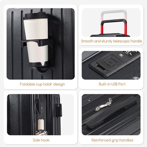 احمل على حقائب 20 بوصة على نطاق واسع حقيبة خفيفة الوزن مع قفل TSA ، عجلات دوار مزدوجة ، منفذ USB ، حامل الكأس ، الخطاف الجانبي (أسود ، مجموعات 3 قطع) in Kuwait