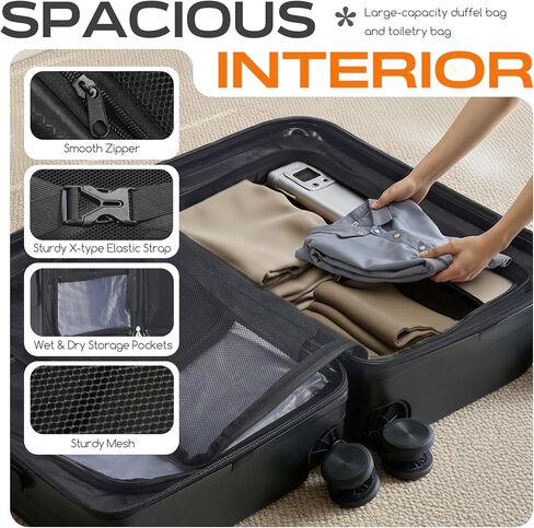 احمل على حقائب 20 بوصة على نطاق واسع حقيبة خفيفة الوزن مع قفل TSA ، عجلات دوار مزدوجة ، منفذ USB ، حامل الكأس ، الخطاف الجانبي (أسود ، مجموعات 3 قطع) in Kuwait