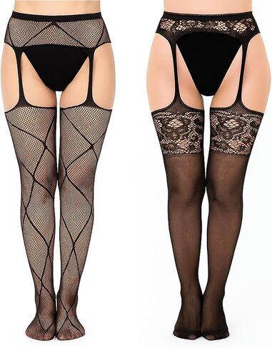 2Pcs Plus Size Thigh High Stockings with Mesh Fishnet, Sexy Black Lace Suspender Garter Belt Lingerie Stockings Pantyhose in Saudi Arabia