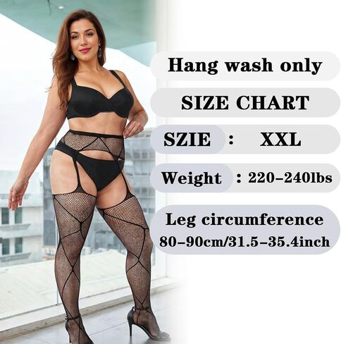 2Pcs Plus Size Thigh High Stockings with Mesh Fishnet, Sexy Black Lace Suspender Garter Belt Lingerie Stockings Pantyhose in Saudi Arabia