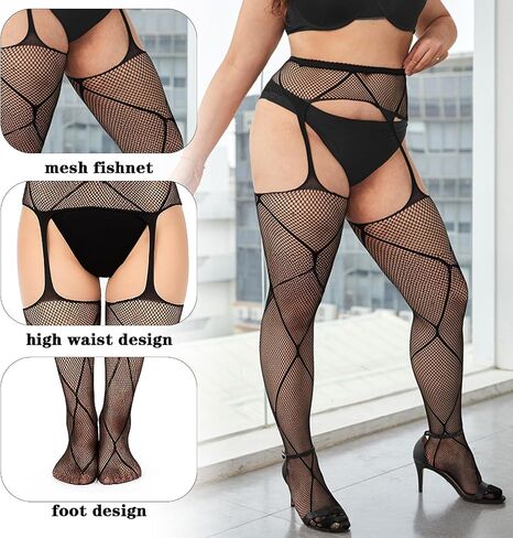 2Pcs Plus Size Thigh High Stockings with Mesh Fishnet, Sexy Black Lace Suspender Garter Belt Lingerie Stockings Pantyhose in Saudi Arabia