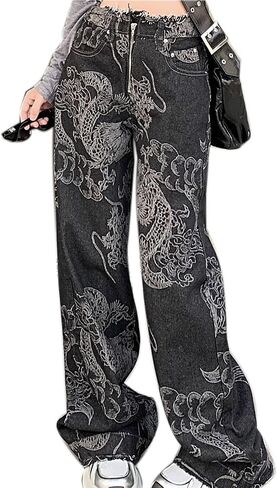 meinvqiaoti streetwear Dark Dragon Pattern Design Design Goth Goth Cargo Cargo Jeans Raw Edge Wide Leg Pargo for Women in Kuwait
