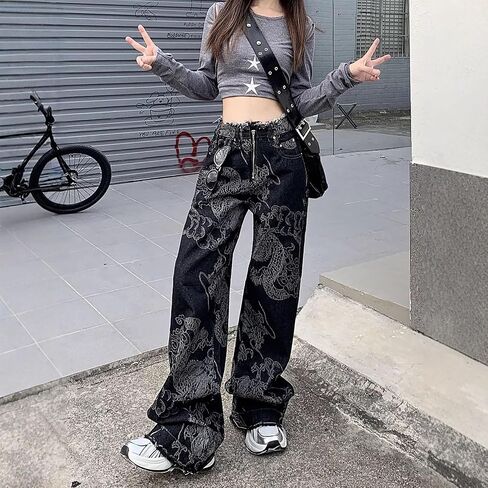 meinvqiaoti streetwear Dark Dragon Pattern Design Design Goth Goth Cargo Cargo Jeans Raw Edge Wide Leg Pargo for Women in Kuwait